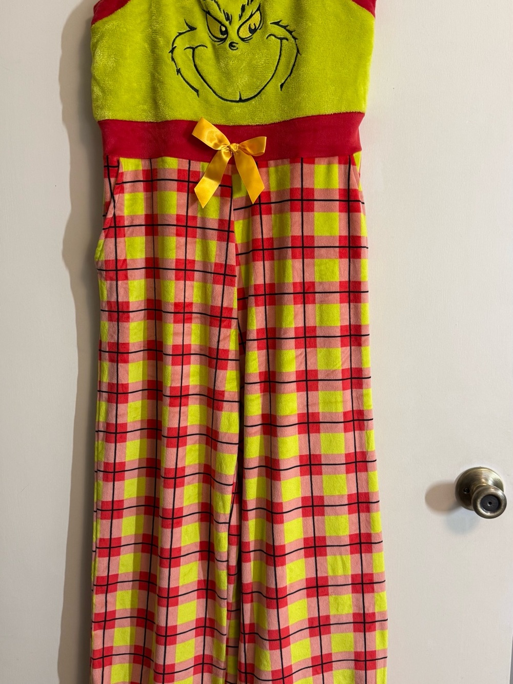 Women’s  Plaid Green & Pink Holiday Pajama Jumpsuit with Grinch Motif